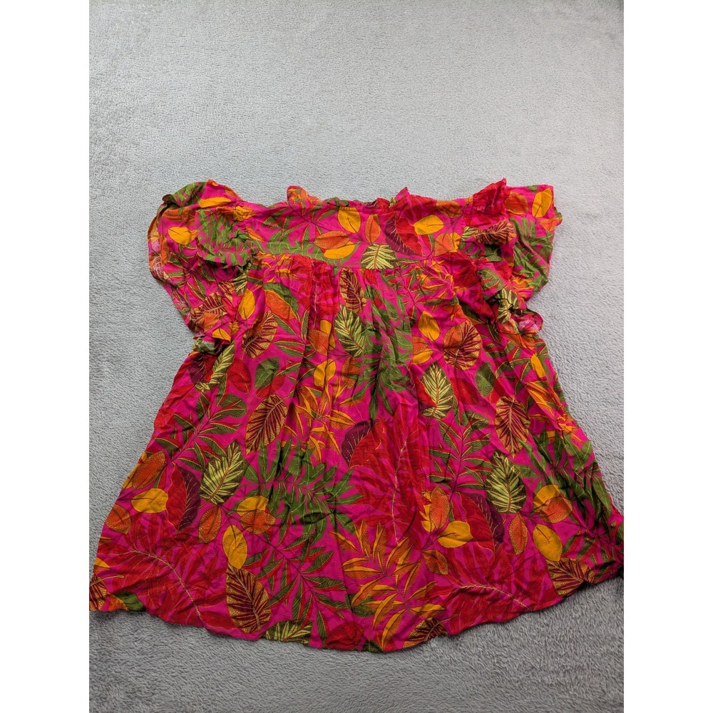 Rose + Olive Tropical Floral Flutter Sleeve Blouse Pink Green Rayon Medium NWT - Picture 3 of 11